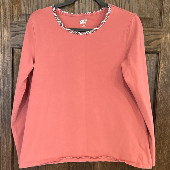 Lands' End Long Sleeve Pajama Set Salmon Top with Floral Bottom Size L - Picture 4 of 9